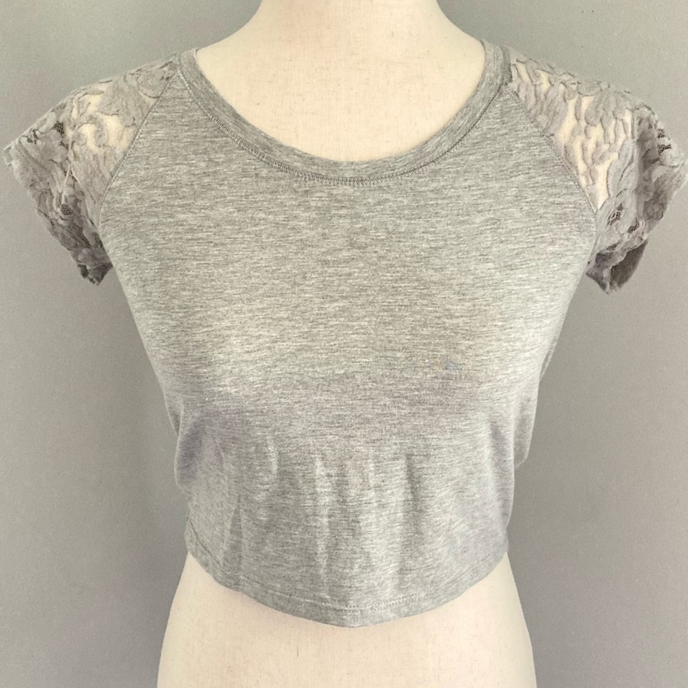 Derek Heart Gray Cropped Tee Floral Lace Sleeves